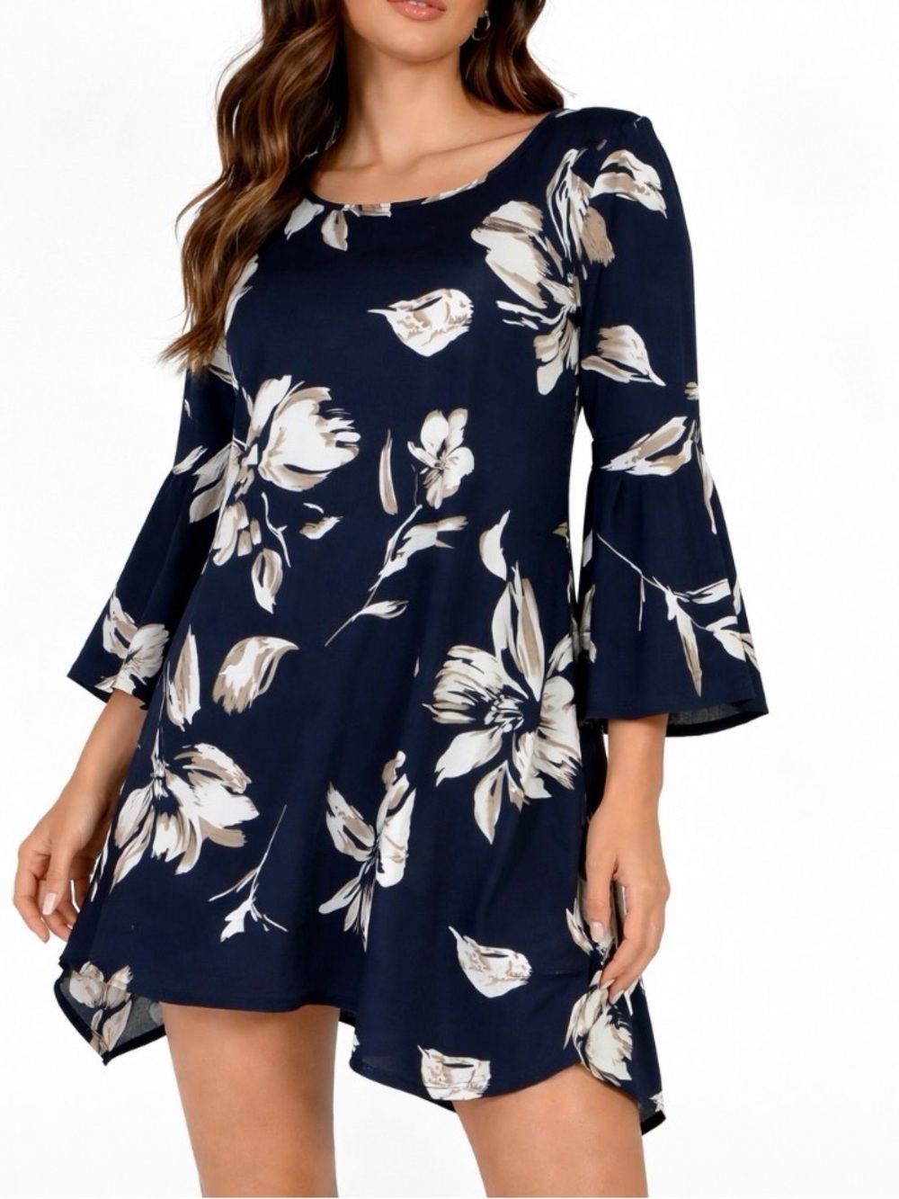 White Mark Navy Floral Mini Dress with White and Tan Print trumpet sleeve SZ M